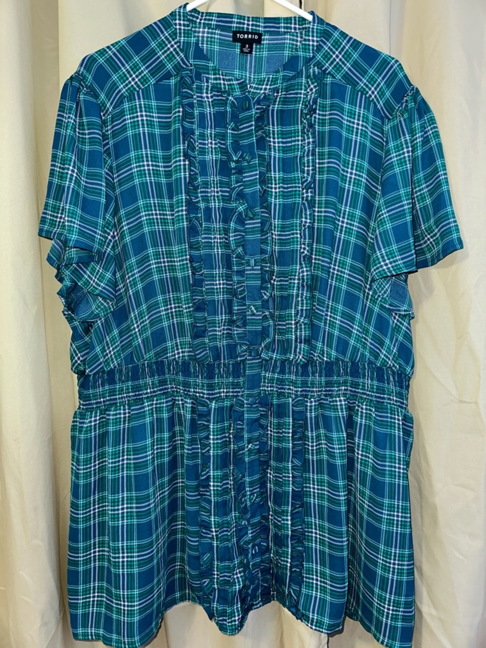 Torrid Ruffle Front Flutter Sleeve Blouse - Georgette Plaid Blue